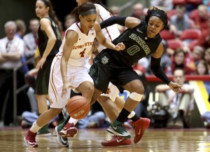 Senior guard Odyssey Sims defends the ball in Baylor’s 70-54 win over Iowa State on Tuesday in Ames, Iowa. The win marked Baylor’s fourth consecutive Big 12 title in women’s basketball. 