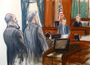 In this courtroom sketch, from left, Sulaiman Abu Ghaith stands next to his attorney, Stanley Cohen, as courtroom deputy Andrew Mohan, reads the verdict and Judge Lewis Kaplan, right, listens, Wednesday, March 26, 2014 at federal court in New York. Abu Ghaith, Osama bin Laden's son-in-law and the voice of fiery al-Qaida propaganda videotapes after the Sept. 11 attacks, was convicted Wednesday of conspiring to kill Americans for his role as the terror group's spokesman. The verdict came after about six hours of deliberation over two days in the case against Abu Ghaith, the highest-ranking al-Qaida figure to face trial on U.S. soil since the attacks. (AP Photo/Elizabeth Williams)