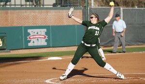 Baylor senior pitcher Whitney Canion throws a pitch in Baylor’s 2-0 win over Texas State on Tuesday at Getterman Stadium. 