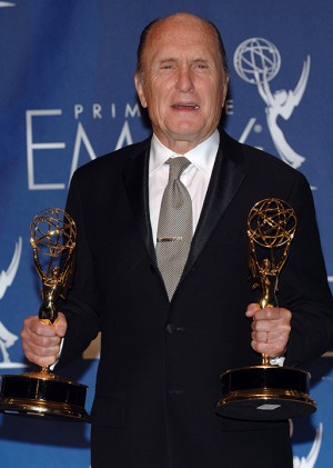 Robert Duvall poses with his two Emmy Awards in the press room at the 59th Annual Primetime Emmy Awards at the Shrine Auditorium in Los Angeles, California, Sunday, September 16, 2007. (Lionel Hahn/Abaca Press/MCT)