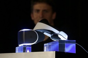 The PlayStation 4 virtual reality headset Project Morpheus is shown on stage as Richard Marks, senior director of research and development at Sony Computer Entertainment America, answers questions at the Game Developers Conference 2014 in San Francisco, Tuesday, March 18, 2014.  (AP Photo/Jeff Chiu)