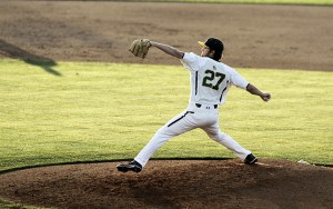 Sophomore pitcher Drew Tolson releases a pitch in Baylor’s 4-3 win over texas State Tuesday at Baylor Ballpark. 