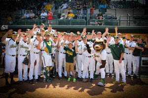 The baseball team performs a Sic ‘Em with Jason Andrews. Chi Omega and Baylor Athletics partnered with Make-A-Wish Foundation to help Jason in his fight against congenital heart disorders.