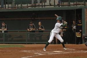 Baylor junior outfielder Kaitlyn Thumann focuses on the pitcher during an at bat against Missouri in Baylor’s 2-1  win on Feb. 16 at Getterman Stadium. Kevin Freeman | Lariat Photographer