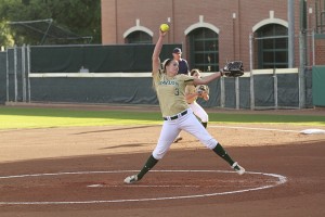 Sophomore pitcher Heather Stearns winds up to deliver a pitch in Baylor’s 7-1 victory over North Texas on Tuesday at Getterman Stadium. Baylor is 37-12 overall and 9-4 in the Big 12 Conference. 