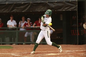 Senior first baseman Holly Holl makes contact with the ball in Baylor’s 2-0 win over Texas State on March 18 at Getterman Stadium. 