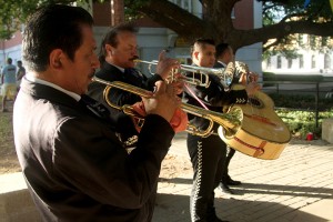 A mariachi band performs Wednesday during the Hispanic Student Association’s Fiesta at the Vera Martin Daniel Plaza. The event offered free street tacos, paletas, popsicles, aquas frescas and homemade salsas in celebration of Hispanic heritage and the nearing summer.