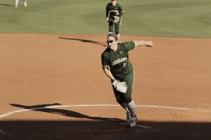 Senior pitcher Whitney Canion delivers a pitch during her complete game no-hitter in Baylor’s 6-0 win over McNeese State on Wednesday. 