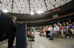 Harris County Judge Ed Emmett makes his suggestion to turn the Astrodome into the world's largest indoor park during a press conference at the historic domed stadium Tuesday, Aug. 26, 2014, in Houston.Associated Press