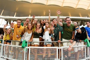 Students get hyped during the first Traditions Rally in McLane Stadium on August 28th, 2014.