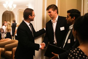 Israeli Deputy Consul Daniel Agranov shakes hands with Memphis, Tenn., junior Josh Klesges after Agranov’s speech Thursday. Agranov discussed the misconceptions the Western world has about Israel and the Middle East, focusing on how the media has influenced people’s perception of the situation.Carlye Thornton | Lariat Photo Editor