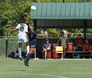 Baylor midfielder Bri Campos goes up for a header against Oral Roberts on Sunday. The Bears drew Oral Roberts 0-0 to finish non-conference play.Carlye Thornton | Lariat Photographer
