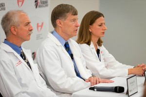From left, Dr. Mark Rupp, an infectious disease specialist; Dr. Phil Smith, medical director, and Dr. Angela Hewlett, associate medical director, hold a news conference at the Truhlsen Eye Institute in Omaha, Neb. on Sept. 4, 2014. Doctors at the Nebraska Medical Center said they're ready to treat a missionary who was infected with Ebola while serving in Liberia. Dr. Rick Sacra is expected to arrive in Omaha on Friday.AP Photo | Matt Miller
