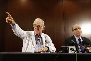 Dr. Edward Goodman, left, epidemiologist at Texas Health Presbyterian Hospital Dallas, answers questions Tuesday during a news conference about an Ebola infected patient the hospital staff is caring for in Dallas.Associated Press