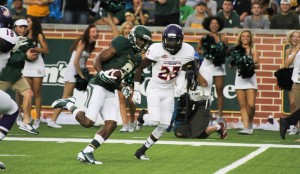 No. 9 freshman wide receiver KD Cannon runs toward the endzone against Northwestern State Saturday night in McLane Stadium. The Bears beat the Demons 70-6. Skye Duncan | Lariat Photographer