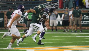 No. 7 sophomore wide receiver Lynx Hawthorne runs toward  the end zone against Northwestern State Saturday night in McLane Stadium. The Bears beat the Demons 70-6. Skye Duncan | Lariat Photographer