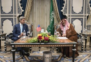 U.S. Secretary of State John Kerry meets with Saudi Foreign Minister Prince Saud al-Faisal at the Royal Terminal of the King Abdulaziz International Airport in Jiddah, Saudi Arabia, Thursday, Sept. 11, 2014. Kerry arrived in Saudi Arabia, on Thursday to try to persuade officials from across the Mideast and Turkey to put aside longstanding rivalries to more vigorously pursue the Islamic State — and, in doing so, ward off a threat that has put the entire region at risk.Brendan Smialowski | Associated Press