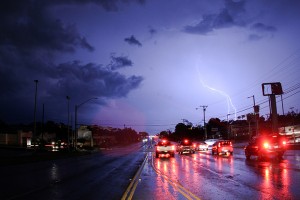 Lightning briefly lights up a blacked-out section of Valley Mills Dr. at Lake Air Dr.Kevin Freeman | Lariat Photographer