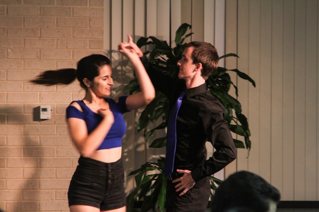 Roswell, N.M., senior Christopher Blewett and Pasadena sophomore Paola Garza, members of the Latin Dancing Society, perform Tuesday at the Hispanic Heritage Month Banquet on the fifth floor of Cashion Academic Center. See story, page 3.Skye Duncan | Lariat Photographer