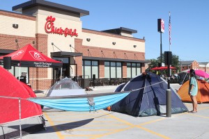 Baylor students set up tents Wednesday to save a spot at the front of the line for today’s grand opening of Chick-fil-A at I-35 and Seventh Street. Students brought lawn chairs, a game of corn hole and even a flat screen TV to keep themselves entertained.Carlye Thornton | Lariat Photo Editor
