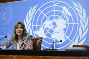 Marie-Paule Kieny, assistant director general for health systems and innovation of the World Health Organization, speaks Tuesday during a press conference at the European headquarters of the United Nations in Geneva, Switzerland.Associated Press