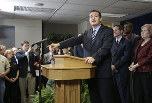 Sen. Ted Cruz is surrounded by preachers as he addresses a crowd Oct. 18 at a Houston church regarding a legal dispute with five pastors fighting subpoenas from Houston city attorneys.Associated Press