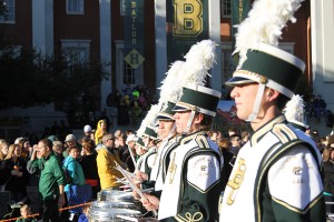 The marching band participates in the Baylor Homecoming Parade in fall 2013. This semester’s parade begins 8:30 a.m. Saturday at Eight Street and Austin Avenue.Lariat File Photo