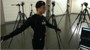 Without a laboratory, Dr. Brian Garner does motion capture for his research with portable devices in the hallway of the Baylor Research and Innovation Collaborative.Courtesy Art