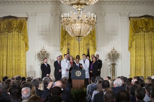 President Barack Obama speaks at an event Wednesday in the East Room of the White House in Washington with American health care workers fighting the Ebola virus.Associated Press