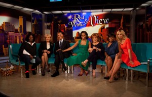 TV personality Elisabeth Hasselbeck (right) on the set of talk show “The View” during a special episode featuring President Barack Obama and first lady Michelle. Hasselbeck has since left “The View” and is now a host on a Fox News morning show called “Fox & Friends.”McClatchy Tribune News