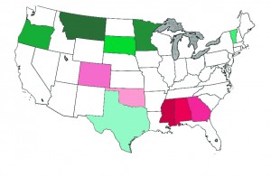 Green states represent the most equal representation among different economic classes and red states show represent the least equal representation. 