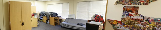 A study room on the fourth floor of Martin Residence Hall is transformed into four-person living space to account for 102 percent dorm capacity. This is not the first year study rooms and lounges have been made into dorm rooms.Richard Hirst | Lariat Multimedia Editor