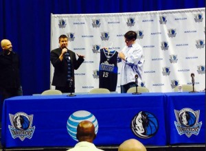 The jersey designed by Baylor alumnus Geoff Case is revealed at a press conference with Mark Cuban, the owner of Mavericks, last week.Courtesy Photo | Geoff Case