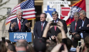 Former president Bill Clinton speaks during a rally Sunday at the U.S. Post Office in Texarkana, Ark. Clinton is touring Arkansas to help turn out voters for Tuesday’s election.Associated Press