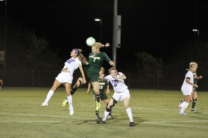 Senior midfielder Alexa Wilde goes up for a header during Baylor’s 1-1 draw with TCU on Oct. 3. The Bears lost in PKs to OU on Friday.Skye Duncan | Lariat Photographer