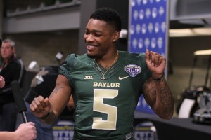 Senior receiver Antwan Goodley shows off his dance moves during Baylor's Cotton Bowl media day on Tuesday. He will play his last game in a Baylor uniform on Thursday.Skye Duncan | Lariat Photographer