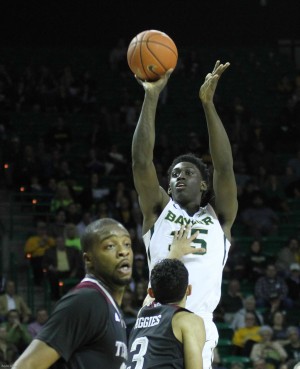 Freshman forward Johnathan Motley goes up for a jumper during Baylor's 77-63 win over Texas A&M on Tuesday. Motley had 22 points and 11 boards in the win.Skye Duncan | Lariat Phographer