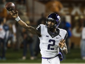 TCU quarterback Trevone Boykin (2) throws a pass during the first half of an NCAA college football game against Texas, on Nov. 27, in Austin. TCU was elevated to the number three team in the nation in the most recent College Football Playoff poll.Associated Press
