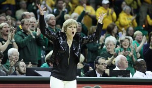 Head coach Kim Mulkey gets the crowd pumped and on their feet to cheer on the Lady Bears.Skye Duncan | Lariat Photo Editor