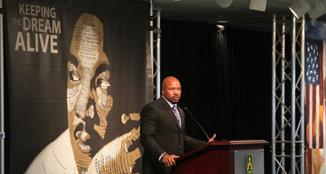 Tyrone Smith, minister, president and co-founder of First & Goal, Inc. and former NFL player, gave a speech over Martin Luther King Jr.'s life at a luncheon Wednesday. Skye Duncan | Lariat Photo Editor