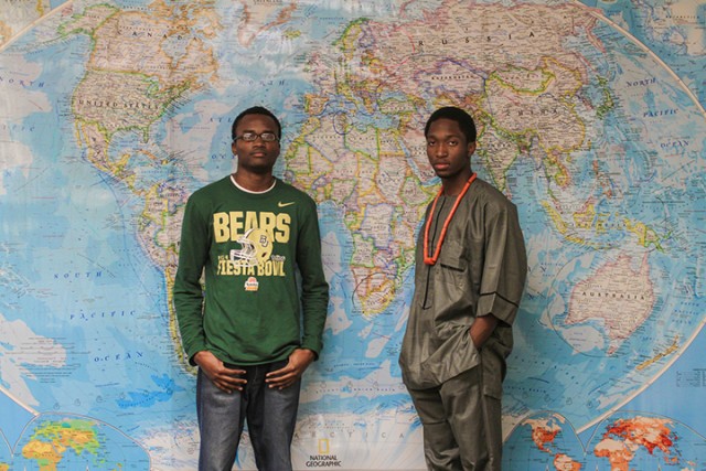 New York sophomore Ruru Idahosa and Nigeria junior Raphael Ozoude share how they feel about the attacks in Nigeria by the Boko Haram. Ozoude is wearing a traditional Nigerian ceremonial outfit. Skye Duncan | Lariat Photo Editor 