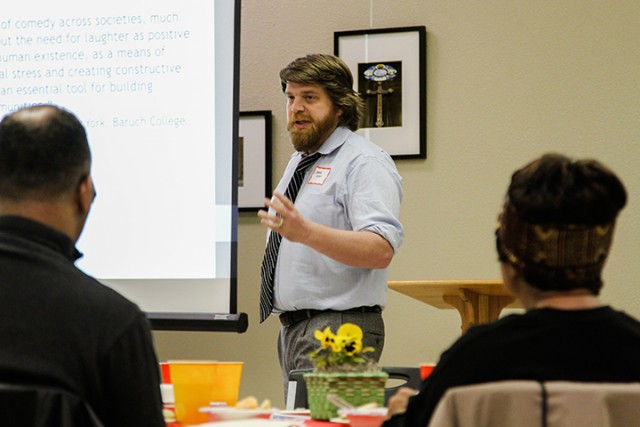 Samuel Perry, a Baylor Interdisciplinary Core assistant professor, speaks at St. Alban's Episcopal Church  about race and humor on January 22, 2015. Kevin Freeman | Lariat Photographer