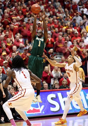 Baylor guard Kenny Chery shoots a 3-pointer over Iowa State forward Jameel McKay and Iowa State guard Naz Long during the second half of an NCAA college basketball game on Wednesday in Ames, Iowa. Baylor won 79-70. Associated Press