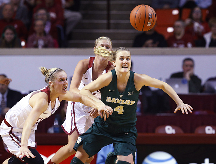 Oklahoma guard Gabbi Ortiz, left, and Baylor guard Kristy Wallace, right, chase a loose ball in the first half of an NCAA college basketball game in Norman, Okla., Wednesday, Feb. 25, 2015. Oklahoma won 68-64. Associated Press