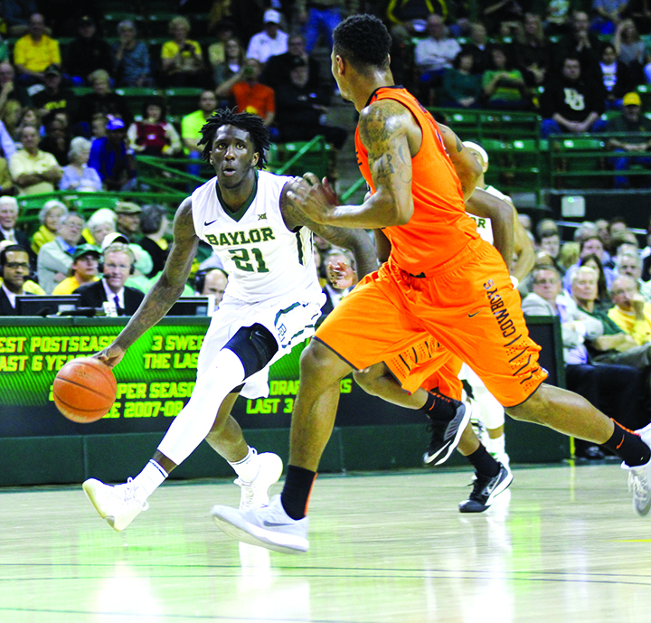 Junior forward Taurean Prince drives down the court during Baylor’s 74-65 loss to then-No. 21 Oklahoma State on Feb. 9. Prince led the way with 20 points. The Bears now prepare to take on Kansas State at home on Saturday. Skye Duncan | Lariat Photo Editor