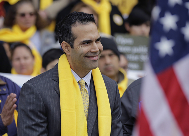 In this Friday, Jan. 30, 2015 photo, Texas Land Commissioner George P. Bush  takes part in a school choice rally at the Texas Capitol, in Austin, Texas. Aafter barely 30 days in office, he’s already headlined high-profile rallies on both conservative red-meat issues.  Associated Press