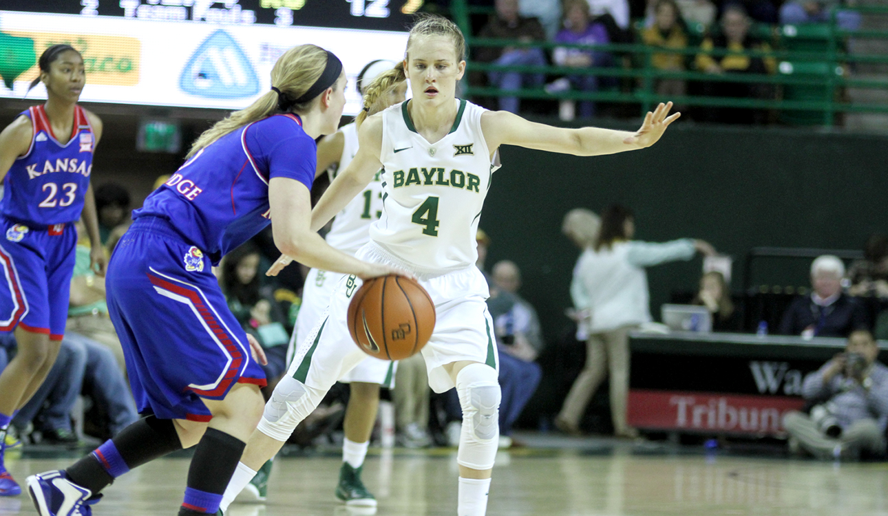 Freshman guard Kristy Wallace guards a Kansas player during No. 3 Baylor’s 66-58 win over the Kansas Jayhawks on Feb. 1. The Lady Bears won the Big 12 in Wallace’s first year on campus. Skye Duncan | Lariat Photo Editor