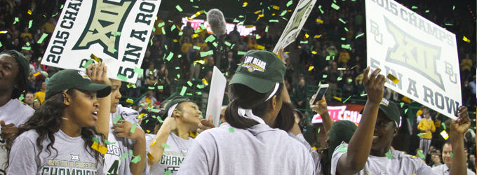 The Lady Bears celebrate their fifth Big XII Championship in a row with a victory against the TCU horned frogs. Jess Schurz | Lariat Photographer