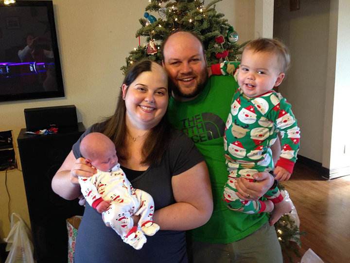 Julie Prater and her family celebrate Christmas in 2014 at their home in Dallas, following the birth of their second son.  Courtesy Art