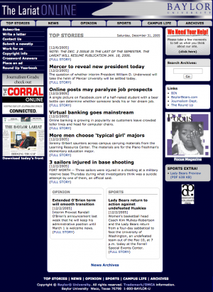 A screenshot of the Lariat's MySpace-era front page from December 31, 2005.  WayBack Machine